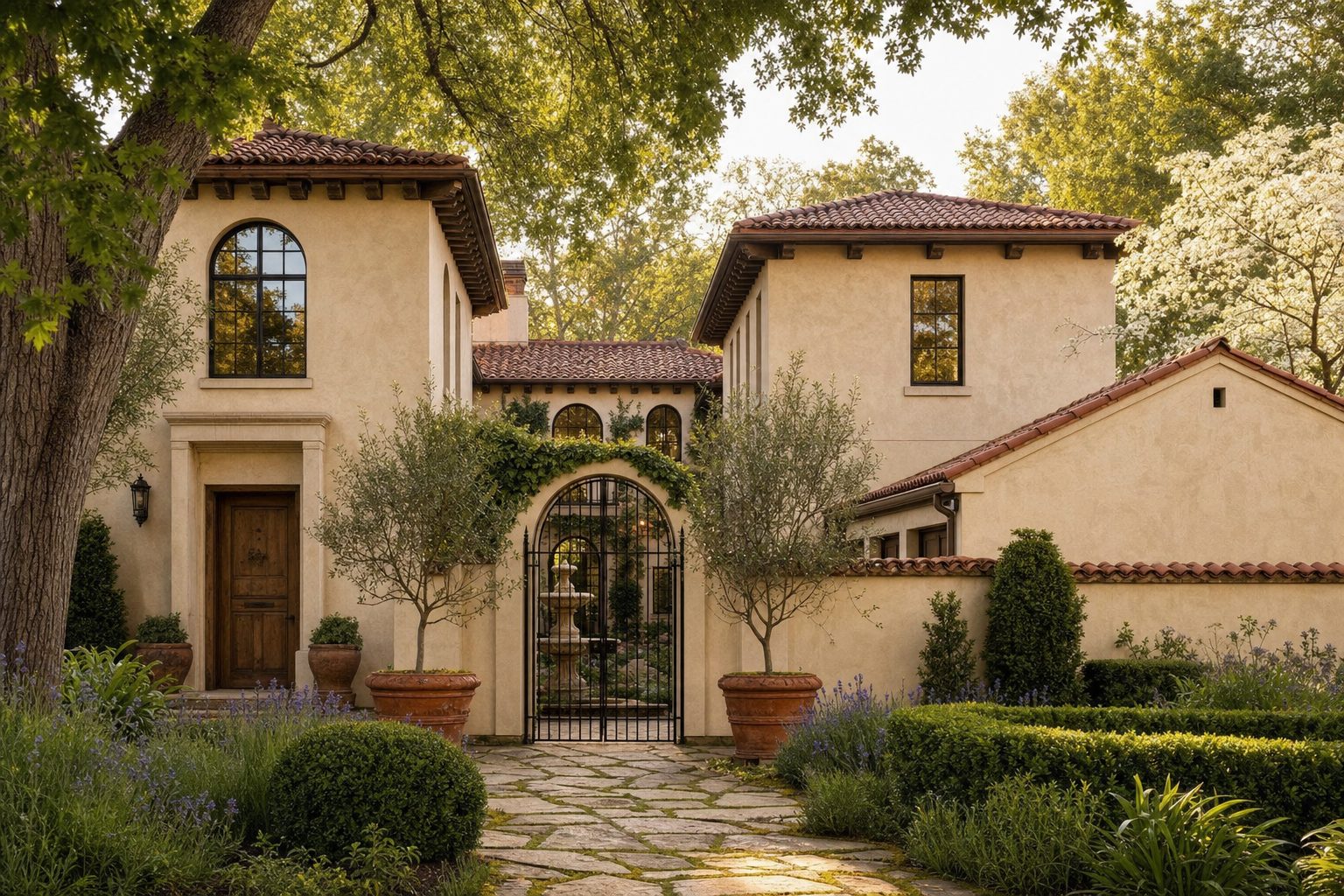 Sample build: a Mediterranean stucco courtyard home with clay tile roof, iron-arched courtyard entry, and a three-bay side-load garage wing