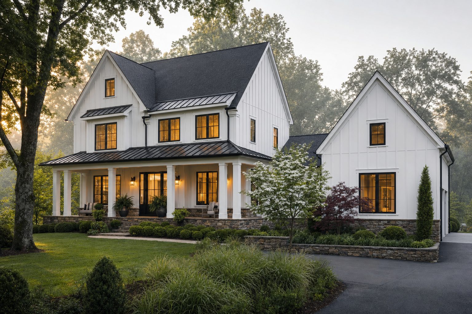 Sample build: a board-and-batten modern Tennessee farmhouse with stone water table, deep front porch, and a side-load garage