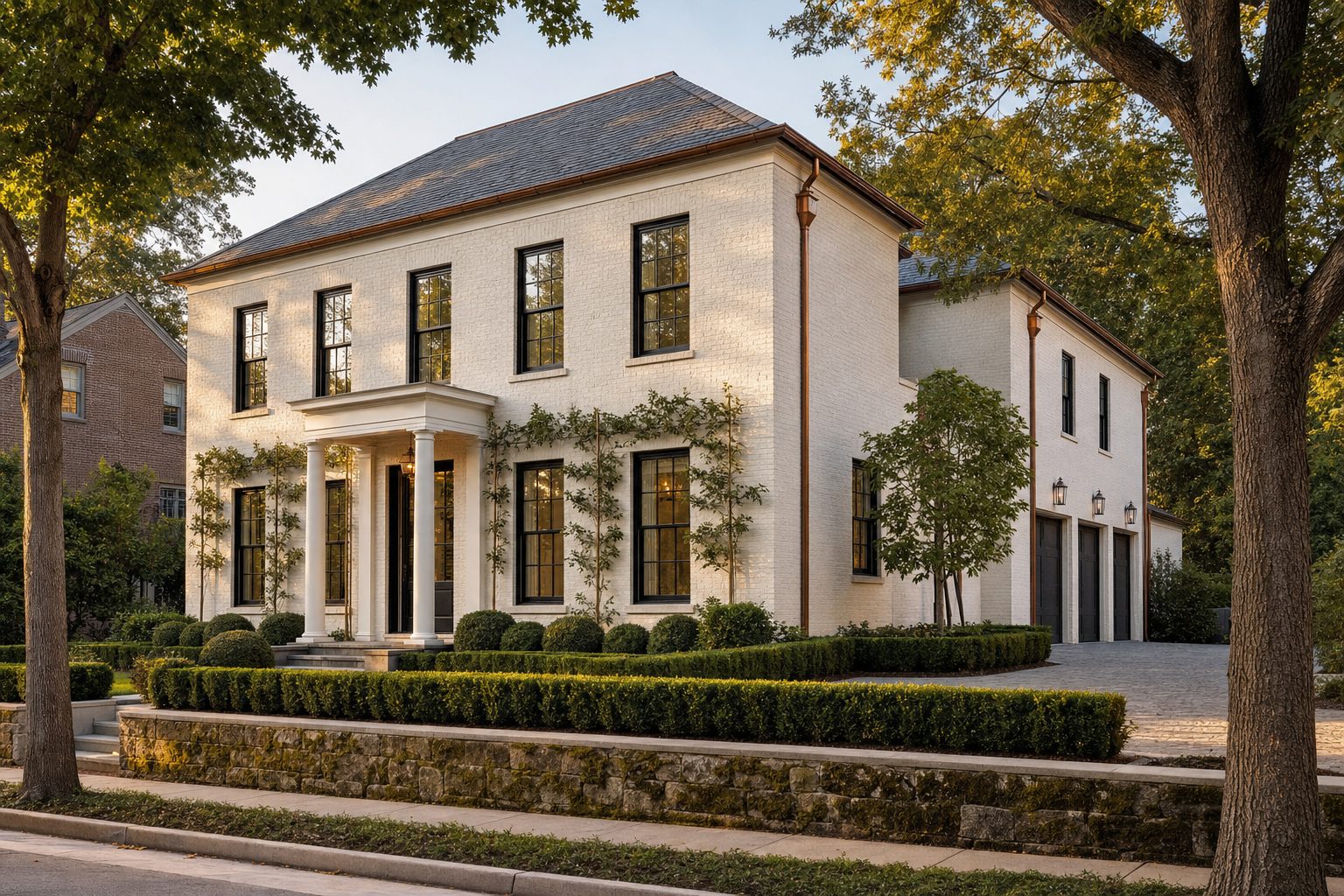Sample build: a two-story painted-brick Georgian estate with a side-load three-car garage on a tight Forest Hills lot