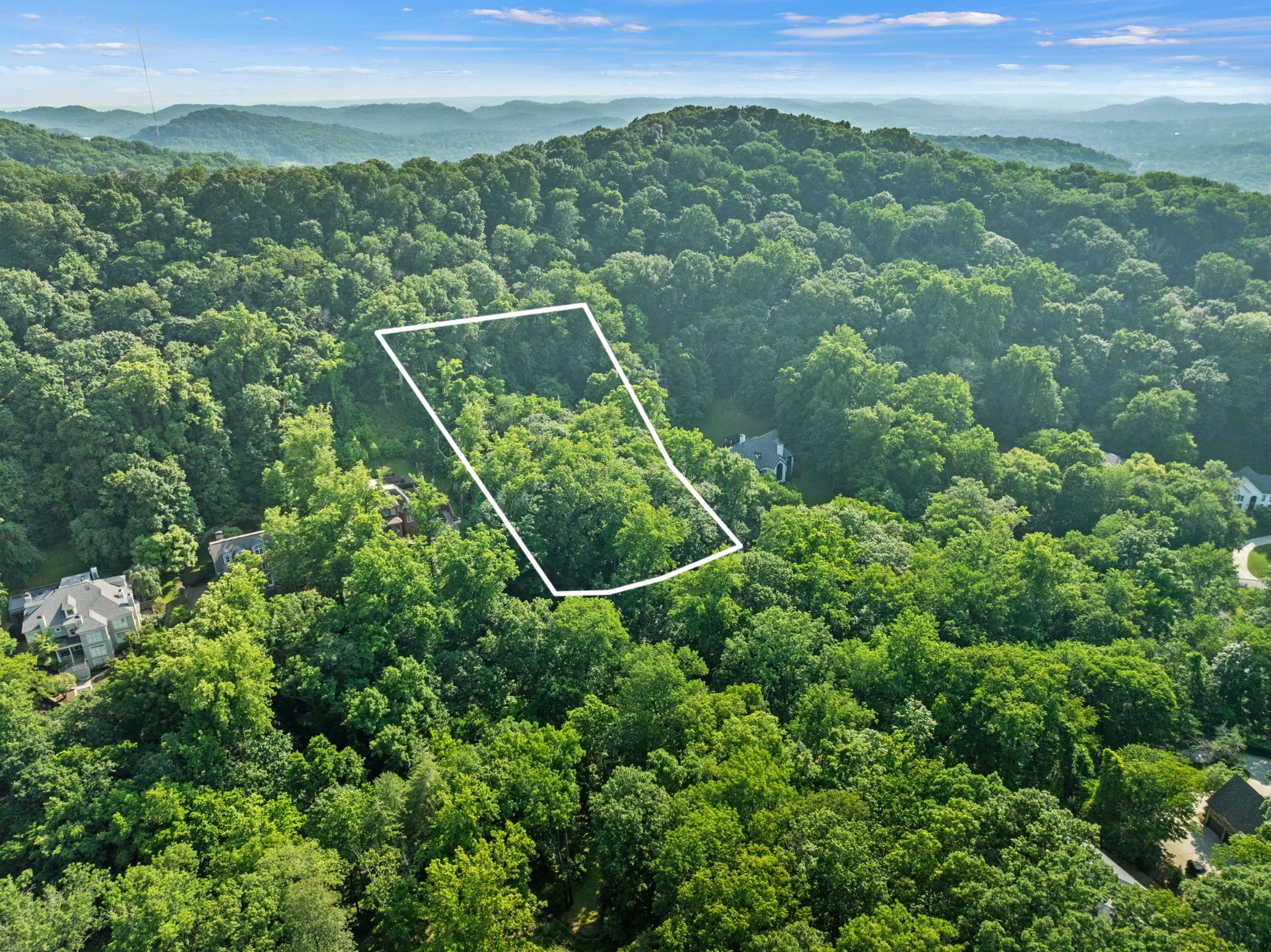 Aerial view showing the lot in context with neighboring estates and the Tennessee hills