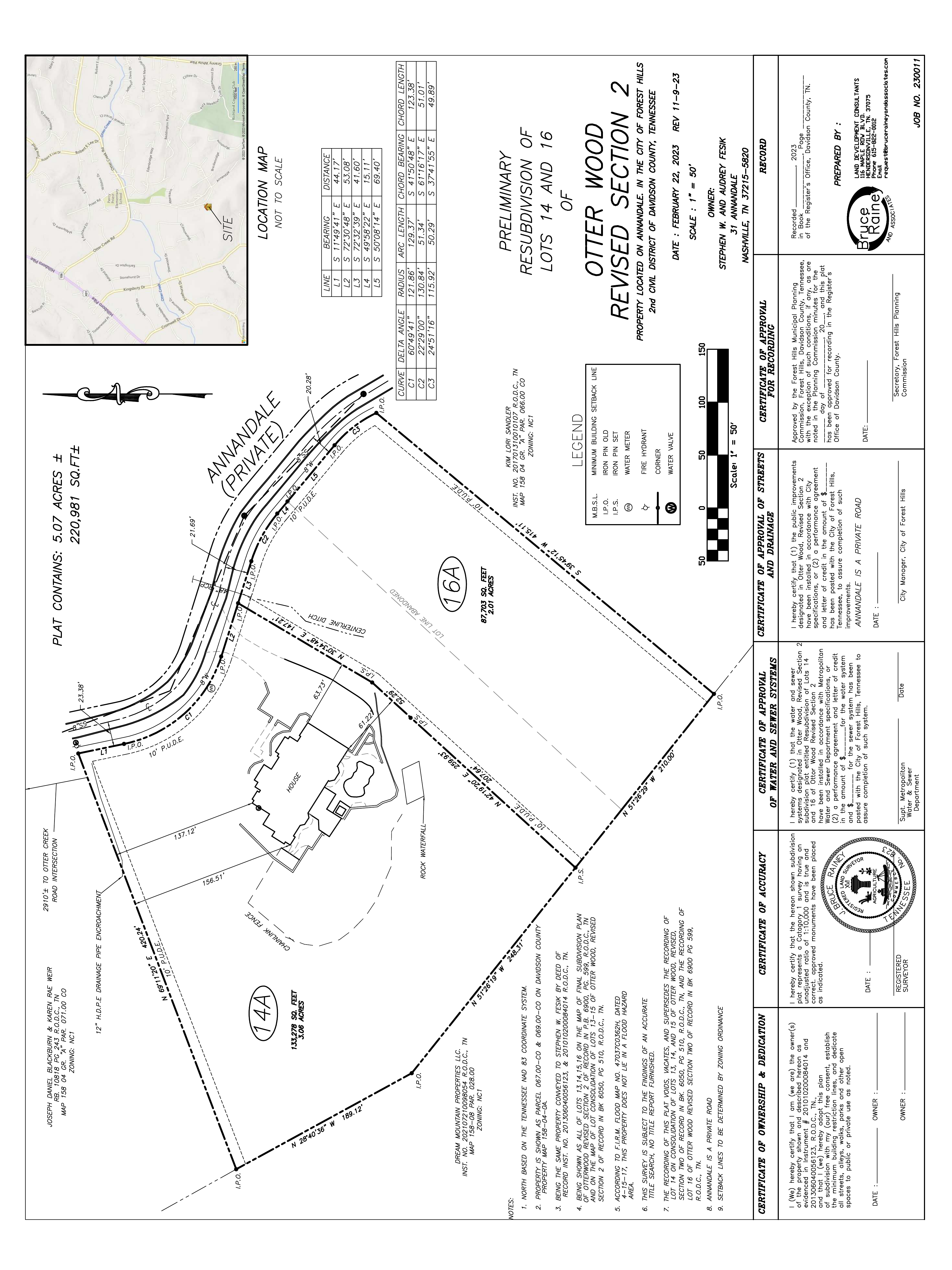 Recorded plat: Preliminary Resubdivision of Lots 14 and 16, Otter Wood Revised Section 2 — showing Lot 16A at 2.01 acres